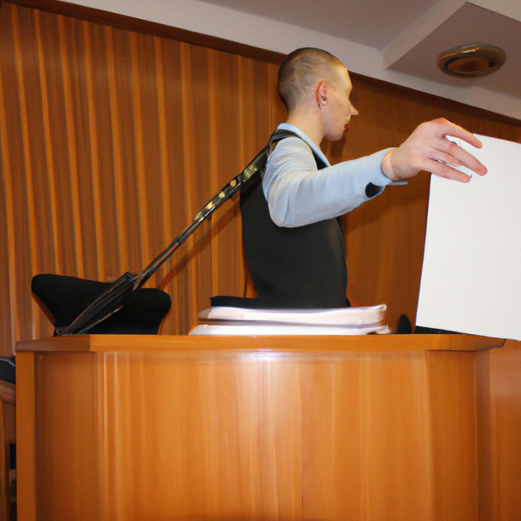 Person in courtroom presenting evidence